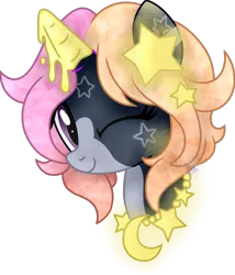 Size: 785x919 | Tagged: safe, artist:pure-blue-heart, derpibooru import, oc, oc:celeste goldrush, unofficial characters only, pony, unicorn, closed species, female, gift art, glow, horn, ice cream pony, image, mare, one eye closed, png, simple background, stars, transparent background, unicorn oc, wink