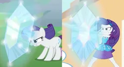 Size: 1260x685 | Tagged: safe, derpibooru import, rarity, human, unicorn, equestria girls, equestria girls series, rollercoaster of friendship, the ending of the end, comparison, diamond, geode of shielding, image, magical geodes, png, shield, side by side