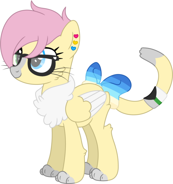 Size: 1518x1621 | Tagged: safe, artist:pure-blue-heart, derpibooru import, oc, oc:banana smoothie, cat, cat pony, hybrid, original species, pegasus, pony, blue eyes, bow, butt fluff, cat tail, cheek fluff, chest fluff, colored wings, demiromantic pride flag, ear piercing, earring, female, glasses, green eyes, heterochromia, image, jewelry, leg fluff, mare, panromantic pride flag, paws, pegasus oc, piercing, pink hair, png, pridesona, short hair, simple background, tail, tail bow, tail wrap, transparent background, uranic pride flag, whiskers, wings