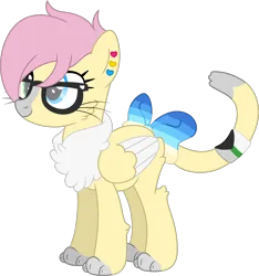 Size: 1518x1621 | Tagged: safe, artist:pure-blue-heart, derpibooru import, oc, oc:banana smoothie, cat, cat pony, hybrid, original species, pegasus, pony, blue eyes, bow, butt fluff, cat tail, cheek fluff, chest fluff, colored wings, demiromantic pride flag, ear piercing, earring, female, glasses, green eyes, heterochromia, image, jewelry, leg fluff, mare, panromantic pride flag, paws, pegasus oc, piercing, pink hair, png, pridesona, short hair, simple background, tail, tail bow, tail wrap, transparent background, uranic pride flag, whiskers, wings