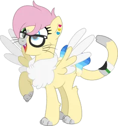 Size: 1563x1669 | Tagged: safe, artist:pure-blue-heart, derpibooru import, oc, oc:banana smoothie, unofficial characters only, cat, cat pony, hybrid, original species, pegasus, pony, blue eyes, butt fluff, cat tail, cheek fluff, chest fluff, colored wings, demiromantic pride flag, ear piercing, earring, fangs, female, glasses, green eyes, heterochromia, image, jewelry, leg fluff, mare, open mouth, panromantic pride flag, paws, pegasus oc, piercing, pink mane, png, pridesona, simple background, spread wings, tail, transparent background, uranic pride flag, whiskers, wings