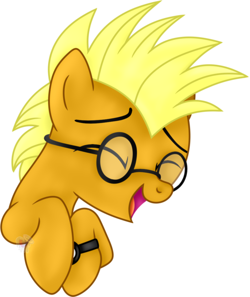 Size: 945x1123 | Tagged: safe, artist:pure-blue-heart, derpibooru import, oc, oc:amon, unofficial characters only, earth pony, pony, bust, earth pony oc, eyes closed, glasses, image, laughing, male, open mouth, png, portrait, raffle prize, simple background, stallion, stallion oc, transparent background, watch, yellow mane
