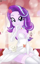 Size: 627x998 | Tagged: safe, artist:charliexe, derpibooru import, starlight glimmer, human, equestria girls, absolute cleavage, adorasexy, bare shoulders, beautisexy, breasts, bride, busty starlight glimmer, cleavage, clothes, cute, dress, evening gloves, eyebrows, female, garter belt, garters, glimmerbetes, gloves, image, long gloves, looking at you, png, sexy, sitting, sleeveless, smiling, smiling at you, socks, solo, stockings, strapless, thigh highs, thigh socks, wedding dress