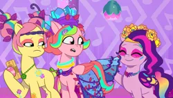 Size: 3072x1727 | Tagged: safe, derpibooru import, screencap, pipp petals, posey (g5), earth pony, pegasus, pony, g5, my little pony: tell your tale, spoiler:g5, spoiler:my little pony: tell your tale, spoiler:tyts01e55, adorapipp, bridlewoodstock (tell your tale), cute, eyebrows, eyes closed, female, frown, image, jpeg, mare, mobile phone, open mouth, phone, raised eyebrow, smartphone, smiling, trio, trio female, windy (g5)