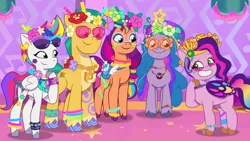 Size: 3072x1727 | Tagged: safe, derpibooru import, screencap, hitch trailblazer, izzy moonbow, pipp petals, sunny starscout, zipp storm, earth pony, pegasus, pony, unicorn, g5, my little pony: tell your tale, spoiler:g5, spoiler:my little pony: tell your tale, spoiler:tyts01e55, bridlewoodstock (tell your tale), female, glasses, grin, image, jpeg, male, mane five, mare, smiling, stallion, starry eyes, sunglasses, sunglasses on head, wingding eyes