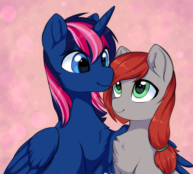 Size: 3507x3166 | Tagged: safe, artist:lina, artist:megabait, derpibooru import, oc, unofficial characters only, alicorn, earth pony, commission, couple, duo, image, looking at each other, looking at someone, oc x oc, png, shipping, smiling, smiling at each other