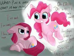 Size: 4096x3072 | Tagged: safe, artist:twiliset, derpibooru import, pinkie pie, earth pony, pony, comforting, cute, dark background, diapinkes, floating, image, jpeg, light, pinkamena diane pie, sad, say anything, shadow, simple background, smiling