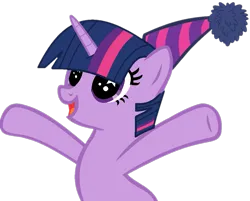 Size: 1023x823 | Tagged: safe, artist:livvynatural, artist:twilyisbestpone, derpibooru import, twilight sparkle, pony, unicorn, base used, birthday, cute, derpibooru exclusive, female, happy, hat, hooves up, image, mare, open mouth, open smile, party hat, png, simple background, smiling, solo, starry eyes, transparent background, twiabetes, unicorn twilight, wingding eyes