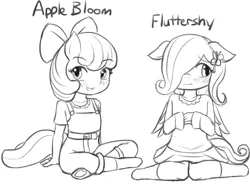 Size: 975x750 | Tagged: safe, artist:lumineko, edit, apple bloom, fluttershy, anthro, earth pony, pegasus, ambiguous facial structure, black and white, blushing, cropped, eyes closed, female, grayscale, image, jpeg, monochrome, simple background, sketch, text, underage, white background