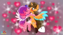 Size: 3840x2160 | Tagged: safe, artist:ejlightning007arts, derpibooru import, oc, oc:ej, alicorn, fox, fox pony, hybrid, pegasus, pony, g5, my little pony: make your mark, spoiler:g5, blushing, bracelet, bridlewoodstock, canon x oc, choker, collar, colored wings, eyes closed, female, flying, heart, image, jewelry, kiss on the lips, kissing, male, mare, my little pony: make your mark chapter 4, png, ruby jubilee, rubyej, shocked, sparkles, stage, stallion, straight, unexpected, watermark, wings