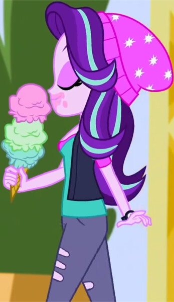 Size: 1778x3072 | Tagged: safe, derpibooru import, screencap, starlight glimmer, human, equestria girls, mirror magic, spoiler:eqg specials, beanie, breasts, canterlot mall, cropped, eyes closed, female, food, hat, ice cream, ice cream cone, image, jpeg, smiling, solo, that human sure does love ice cream, that pony sure does love ice cream, watch