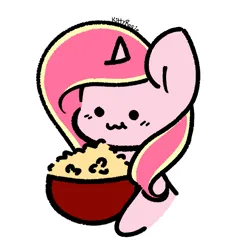 Size: 1131x1162 | Tagged: safe, artist:kittyrosie, derpibooru import, oc, oc:rosa flame, unofficial characters only, pony, unicorn, :3, blushing, bowl, cute, eating, female, food, image, jpeg, mare, ocbetes, popcorn, simple background, solo, white background