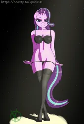 Size: 939x1380 | Tagged: suggestive, artist:kpapwiss, derpibooru import, starlight glimmer, anthro, unicorn, black panties, clothes, image, jpeg, looking at you, simple background, socks, stockings, thigh highs