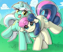 Size: 1030x852 | Tagged: safe, artist:llametsul, derpibooru import, bon bon, lyra heartstrings, sweetie drops, earth pony, pony, unicorn, atg 2023, blushing, couple, cute, female, heart, heart eyes, hug, image, lesbian, love, lyrabon, newbie artist training grounds, open mouth, open smile, png, shipping, smiling, wavy mouth, wingding eyes