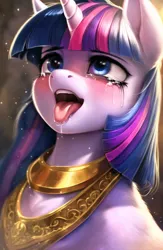 Size: 832x1280 | Tagged: suggestive, derpibooru import, machine learning generated, stable diffusion, princess twilight 2.0, twilight sparkle, twilight sparkle (alicorn), alicorn, pony, the last problem, ahegao, ai content, crying, drool, female, image, jewelry, jpeg, mare, older, older twilight, open mouth, peytral, prompter:snipetisnips, regalia, solo, tears of pleasure, tongue out