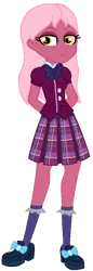 Size: 438x1272 | Tagged: safe, alternate version, artist:rainbowstarcolour262, derpibooru import, oc, oc:taffycoat, unofficial characters only, human, equestria girls, alternate hairstyle, arm behind back, bowtie, clothes, crystal prep academy uniform, eyeshadow, female, image, long hair, looking at you, makeup, plaid skirt, pleated skirt, png, school uniform, shirt, shoes, simple background, skirt, smiling, socks, solo, standing, transparent background