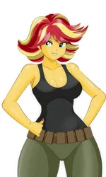 Size: 1024x1707 | Tagged: suggestive, artist:chuyryu, derpibooru import, sunset shimmer, human, equestria girls, belt, big breasts, breasts, busty sunset shimmer, cleavage, clothes, commission, female, humanized, image, jpeg, looking at you, meryl silverburgh, metal gear, pants, simple background, solo, tanktop, tomboy, white background