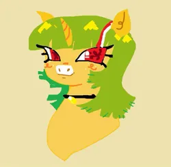 Size: 715x697 | Tagged: safe, artist:ombnom, derpibooru import, oc, oc:burger mare, pony, unicorn, bust, collar, freckles, image, jpeg, simple background, smiling, solo