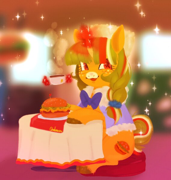 Size: 1780x1877 | Tagged: safe, artist:ombnom, derpibooru import, oc, oc:burger mare, pony, unicorn, bow, burger, food, freckles, image, jpeg, magic, mcdonald's, sitting, smiling, solo