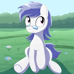 Size: 2000x2000 | Tagged: safe, artist:trackheadtherobopony, derpibooru import, oc, oc:flower, earth pony, pony, glasses, grass, image, male, png, sitting, solo, stallion