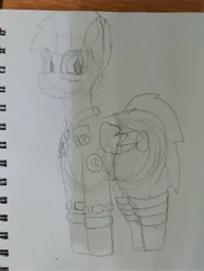 Size: 3456x4608 | Tagged: safe, artist:acid flask, derpibooru import, oc, unofficial characters only, bat pony, pony, bandage, bat pony oc, bat wings, clothes, female, image, jpeg, mare, scar, short mane, short tail, sketch, smiling, suit, tail, traditional art, wings