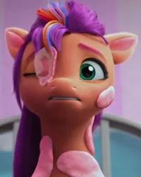 Size: 1067x1336 | Tagged: safe, derpibooru import, edit, edited screencap, screencap, sunny starscout, g5, my little pony: make your mark, spoiler:g5, spoiler:my little pony: make your mark, spoiler:my little pony: make your mark chapter 4, spoiler:mymc04e04, cropped, drink, image, jpeg, juice, my little pony: make your mark chapter 4, smoothie, solo, sticky, sunny side up, wet