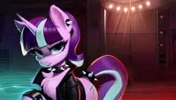 Size: 2688x1536 | Tagged: safe, derpibooru import, machine learning generated, stable diffusion, starlight glimmer, pony, unicorn, ai content, choker, clothes, ear piercing, earring, female, generator:pony diffusion v5, image, jacket, jewelry, jpeg, leather, leather jacket, looking at you, mare, piercing, prompter:siber, s5 starlight, solo, spiked choker