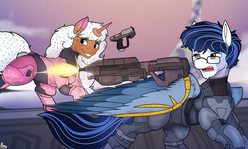 Size: 2048x1229 | Tagged: safe, artist:almond evergrow, derpibooru import, oc, oc:donut daydream, oc:soaring spirit, ponified, unofficial characters only, food pony, original species, pegasus, pony, unicorn, accessory, armor, coat markings, colored wings, commission, duo, duo male and female, facial markings, female, food, glasses, gun, halo, halo (series), handgun, horn, image, jpeg, male, mare, markings, multicolored hair, multicolored mane, multicolored tail, multicolored wings, pegasus oc, pistol, sky, sprinkles, stallion, tail, unicorn oc, weapon, wing armor, wing brace, wings