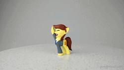 Size: 1920x1080 | Tagged: safe, artist:mraagh, derpibooru import, oc, oc:canni soda, unofficial characters only, earth pony, pony, 3d, 3d print, beaming, bizzaam, blender, brown mane, cheering, clothes, cute, cutie mark, excited, eyes closed, female, figure, figurine, happy, image, irl, mare, necktie, open mouth, painted, photo, raised hoof, short mane, simple background, solo, standing, statue, turntable, video, webm, yellow coat