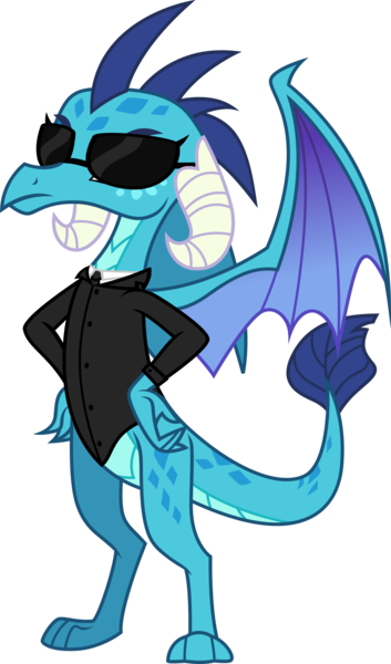 Size: 3384x5747 | Tagged: safe, artist:ponygamer2020, derpibooru import, princess ember, dragon, agent pe, badass, clothes, crossover, dragon in black, female, hands on waist, horn, image, men in black, png, simple background, solo, suit, sunglasses, tail, transparent background, vector, wings