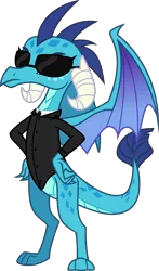 Size: 3384x5747 | Tagged: safe, artist:ponygamer2020, derpibooru import, princess ember, dragon, agent pe, badass, clothes, crossover, dragon in black, female, hands on waist, horn, image, men in black, png, simple background, solo, suit, sunglasses, tail, transparent background, vector, wings