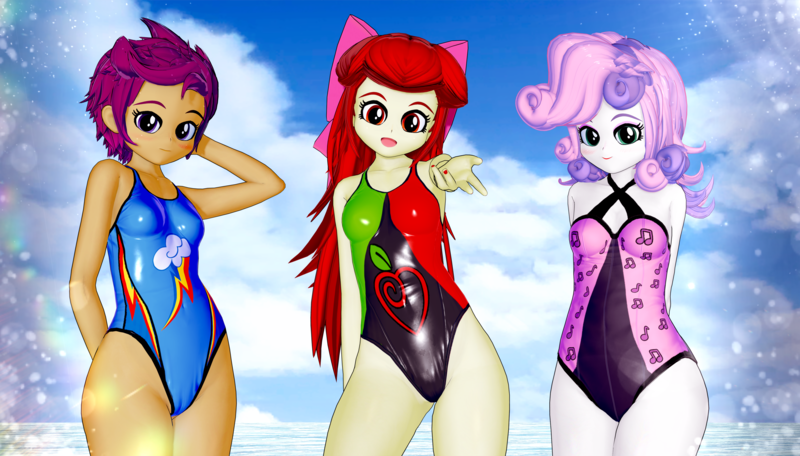 Size: 3840x2190 | Tagged: suggestive, artist:ratachu666, derpibooru import, apple bloom, scootaloo, sweetie belle, human, equestria girls, 3d, clothes, image, koikatsu, one-piece swimsuit, png, swimsuit