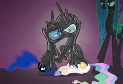 Size: 1875x1277 | Tagged: suggestive, edit, editor:anonymous, princess celestia, princess luna, queen chrysalis, alicorn, changeling, changeling queen, pony, /mlp/ latex requests, bedroom eyes, bondage, changeling empire, encasement, face to face, female, gloating, hypnogear, hypnosis, hypnotized, image, jpeg, latex, liquid latex, looking at each other, nuzzling