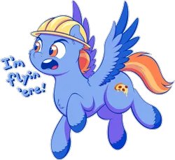 Size: 1751x1601 | Tagged: safe, artist:wownamesarehard, derpibooru import, pegasus, pony, g5, my little pony: tell your tale, sisters take flight, spoiler:g5, spoiler:my little pony: tell your tale, spoiler:tyts01e03, bean mouth, chest fluff, clothes, colored wings, derpibooru exclusive, dialogue, flying, hard hat, hat, image, male, multicolored wings, philly, png, scene interpretation, simple background, solo, spread wings, stallion, transparent background, unshorn fetlocks, wings
