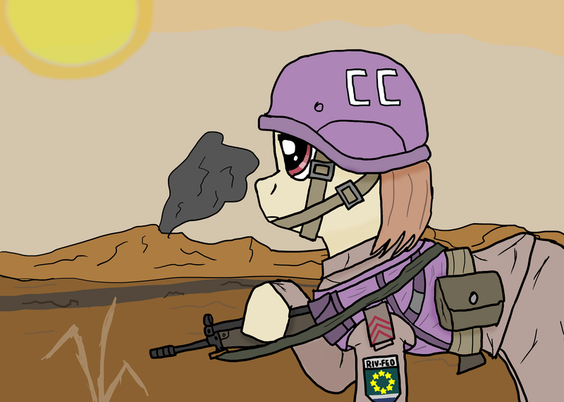 Size: 3500x2500 | Tagged: safe, artist:dafid25, derpibooru import, earth pony, pony, equestria at war mod, bulletproof vest, clothes, convocation of creatures, desert, flag patch, g3a3, helmet, image, peacekeeper, png, river federation, smoke, soldier, sun, uniform