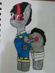 Size: 3456x4608 | Tagged: safe, artist:acid flask, derpibooru import, oc, unofficial characters only, bat pony, pony, bandage, bat pony oc, bat wings, clothes, female, image, jpeg, mare, scar, short mane, short tail, smiling, suit, tail, traditional art, watercolor painting, wings