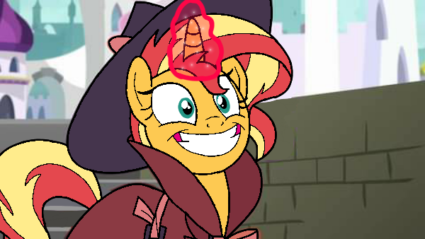 Size: 600x338 | Tagged: safe, artist:noikincade67, derpibooru import, sunset shimmer, pony, unicorn, brick wall, canterlot, clothes, detective, detective shimmer, fedora, female, hat, image, png, smiling, solo, trenchcoat