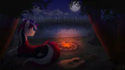 Size: 1280x720 | Tagged: safe, artist:alicetriestodraw, derpibooru import, oc, unofficial characters only, pony, unicorn, armor, campfire, commission, forest, full moon, guitar, image, jpeg, lake, lying down, male, moon, musical instrument, night, prone, solo, tree, water