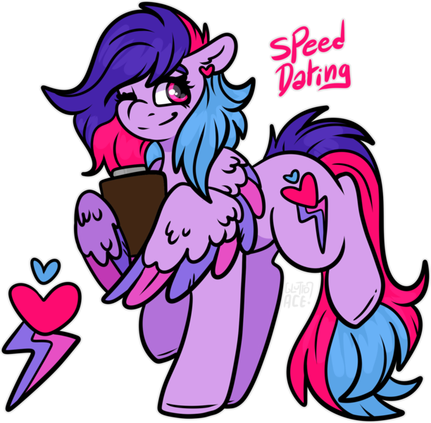 Size: 1687x1653 | Tagged: safe, artist:sexygoatgod, derpibooru import, oc, oc:speed dating, unofficial characters only, pegasus, pony, adoptable, clipboard, female, image, magical lesbian spawn, offspring, parent:princess cadance, parent:rainbow dash, parents:cadash, png, simple background, solo, transparent background