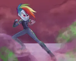 Size: 3000x2400 | Tagged: safe, artist:nightglowfan, derpibooru import, rainbow dash, equestria girls, alternate timeline, amputee, apocalypse dash, clothes, crystal war timeline, equestria girls-ified, facial scar, female, fighting stance, image, png, prosthetic arm, prosthetic limb, prosthetics, scar, soldier, solo, uniform