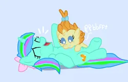Size: 1080x696 | Tagged: artist needed, safe, derpibooru import, pumpkin cake, pony, unicorn, baby, baby pony, babysitting, blue background, bow, drool, duo, foal, foalsitter, foalsitting, hair bow, image, kissing, laughing, lying down, multicolored mane, on back, onomatopoeia, png, raised hoof, raspberry, salivating, simple background, sucking, tickling, tongue out, tummy buzz