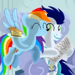 Size: 1400x1400 | Tagged: safe, artist:mlplary6, derpibooru import, rainbow dash, soarin', pegasus, pony, armchair, chair, eyes closed, female, flying, food, husband and wife, image, journal, kiss on the cheek, kissing, love, male, mare, pie, png, shipping, sitting, smiling, soarindash, stallion, straight