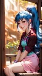 Size: 1080x1920 | Tagged: safe, derpibooru import, machine learning generated, stable diffusion, sonata dusk, human, ai content, blue hair, bracelet, clothes, ear piercing, earring, female, generator:mlpsonatadusk-10, generator:onlyanimev1bakedva, humanized, image, jacket, jewelry, jpeg, lipstick, looking at you, necklace, piercing, pink eyes, ponytail, prompter:marusame, shirt, sitting, skirt, smiling, solo, solo female