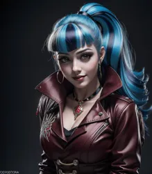 Size: 896x1024 | Tagged: safe, derpibooru import, machine learning generated, stable diffusion, sonata dusk, human, ai content, blue hair, breasts, bust, cleavage, clothes, ear piercing, earring, female, generator:duchaitendarksidev40, generator:mlpsonatadusk-10, gray background, gray eyes, humanized, image, jacket, jewelry, jpeg, lipstick, looking at you, multicolored hair, necklace, piercing, ponytail, portrait, prompter:marusame, realistic, shirt, simple background, smiling, solo, solo female, upper body