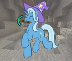 Size: 748x634 | Tagged: safe, artist:mossyfig, derpibooru import, trixie, pony, unicorn, bone, cave, crossover, diamond pickaxe, eyes closed, image, jpeg, minecraft, mouth hold, pickaxe, skeleton