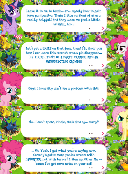 Size: 2048x2777 | Tagged: safe, derpibooru import, official, fluttershy, pinkie pie, twilight sparkle, twilight sparkle (alicorn), alicorn, earth pony, pegasus, pony, clothes, dialogue, dialogue box, english, event, face paint, female, filly, filly fluttershy, filly pinkie pie, foal, folded wings, gameloft, horn, image, mare, mobile game, my little pony: magic princess, pinkie joker, png, speech bubble, text, wings, younger
