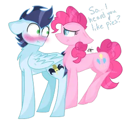 Size: 1650x1634 | Tagged: safe, artist:gallantserver, derpibooru import, pinkie pie, soarin', pony, blushing, female, image, male, png, shipping, simple background, soarinpie, straight, transparent background