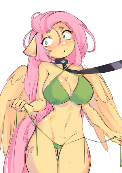 Size: 2894x4093 | Tagged: suggestive, artist:yukomaussi, derpibooru import, fluttershy, anthro, pegasus, belly button, bikini, breasts, busty fluttershy, cleavage, clothes, collar, dominant pov, female, femsub, flutterpet, fluttersub, green bikini, green swimsuit, image, leash, png, solo, solo female, submissive, swimsuit, untied bikini, viewer holding leash