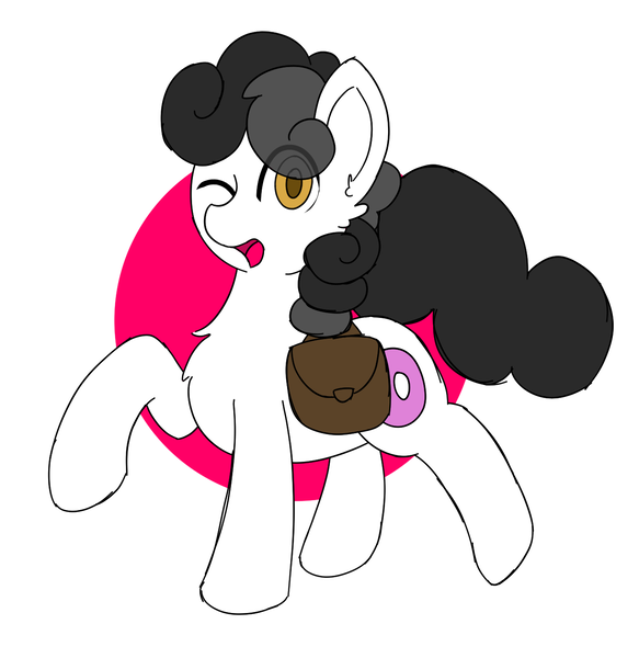 Size: 1335x1374 | Tagged: safe, artist:nyrikiri, derpibooru import, oc, oc:pon-pushka, unofficial characters only, earth pony, pony, bag, image, male, one eye closed, open mouth, png, raised hoof, saddle bag, solo, stallion, wink