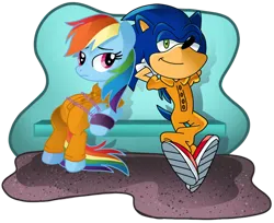 Size: 990x808 | Tagged: safe, artist:pinkandorangesunset, derpibooru import, rainbow dash, clothes, image, male, png, prison outfit, prisoner, sonic the hedgehog, sonic the hedgehog (series)